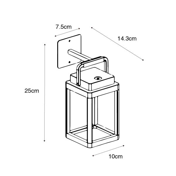 Maßzeichnung einer Außenwandleuchte: Höhe 25 Zentimeter, Breite 10 Zentimeter, Tiefe 14,3 Zentimeter, Wandplatte 7,5 Zentimeter.