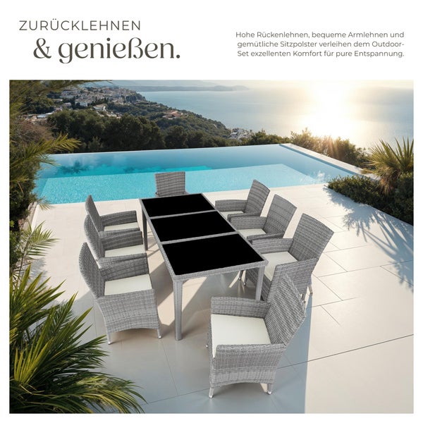 Rattan Sitzgruppe tectake Menorca 2 Bezugssets, inklusive Schutzhülle mit Aluminiumgestell hellgrau