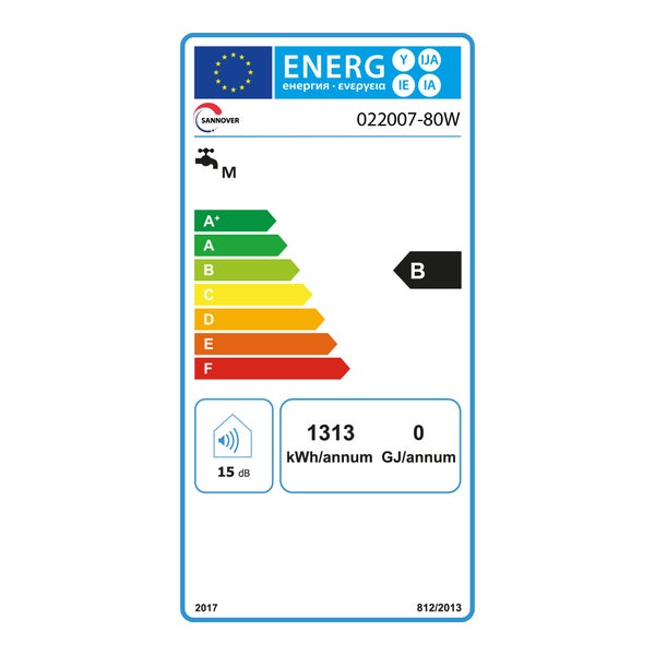 Energielabel für Sannover 022007-80W, Klasse B, Lastprofil M, 1313 Kilowattstunden jährlich, 15 Dezibel.