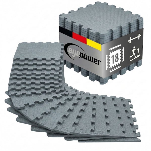 Eyepower Bodenschutzmatten Set aus 18 grauen Puzzlematten aus Schaumstoff für Fitness und Sport.