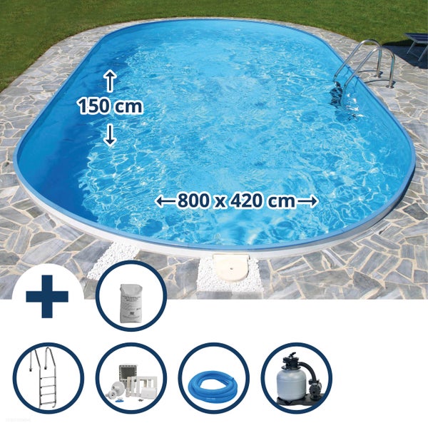 Ovales Schwimmbecken 800 x 420 cm, 150 cm tief, inklusive Zubehör