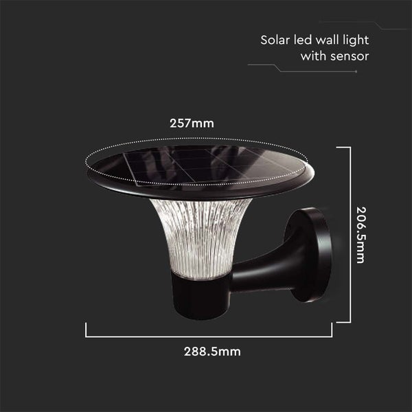 Solar LED Wandleuchte mit Sensor und Größenangaben