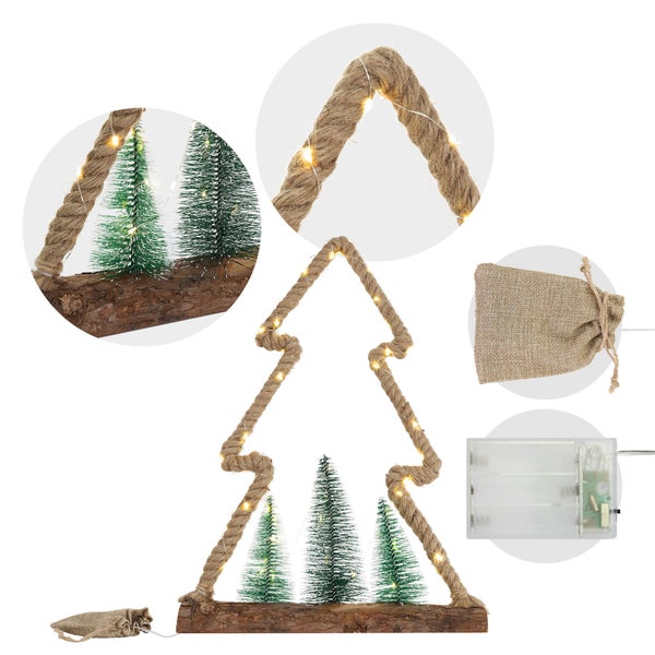 ECD Germany LED Jute Baum mit LED-Beleuchtung 35x6,5x45 cm, Deko Weihnachtsbaum aus Seil mit 45 warmweißen LEDs, 3 Tannen, Jutesäckchen, batteriebetrieben, Timer, Tannenbaum Figur Weihnachtsdeko Innen