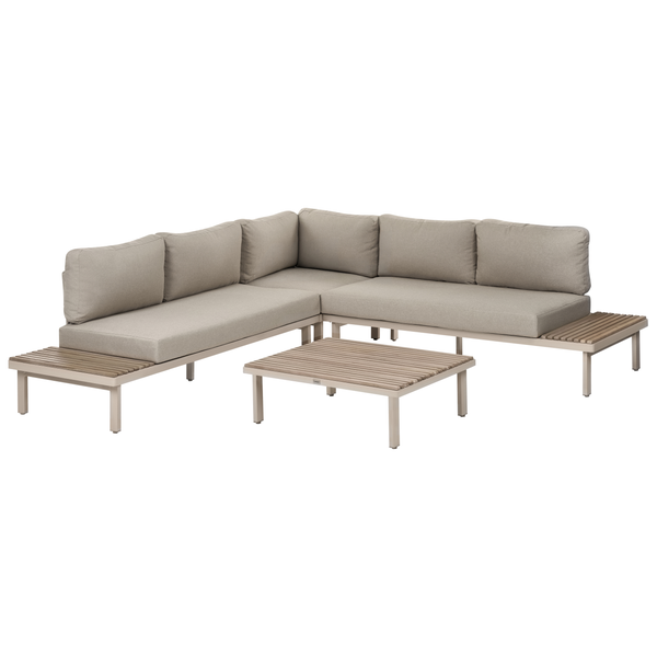 Ecklounge Set mit L-Form Sofa und integrierten Beistelltischen sowie passendem Couchtisch aus Metall und Holz für den Garten.