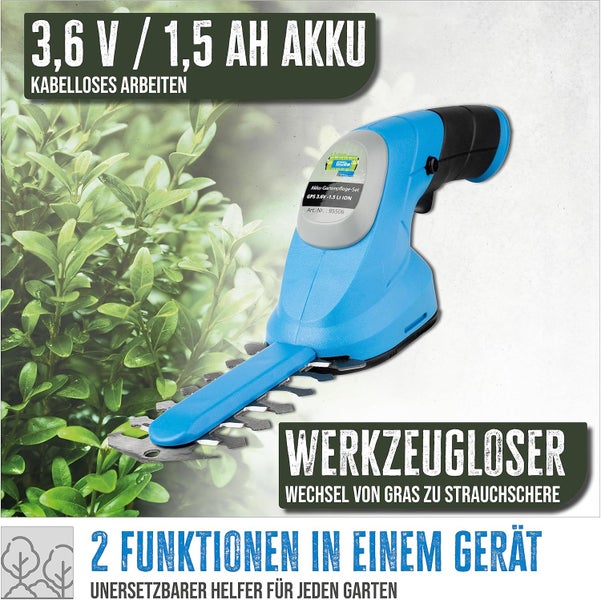 Güde Akku-Gras- und Strauchschere mit 3,6 Volt und 1,5 Amperestunden Akku, werkzeugloser Wechsel der Messer, kabelloses Arbeiten im Garten.