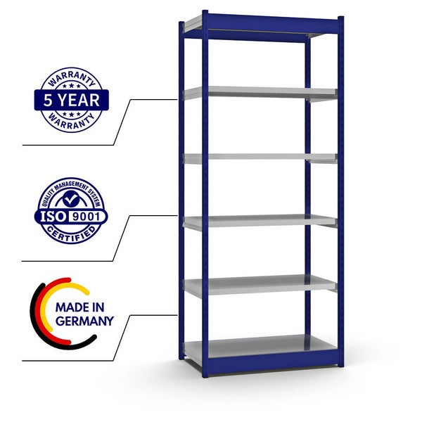 PROREGAL Fachbodenregal Stecksystem Vierkant-Profil Grundregal HxBxT 250 x 102,5 x 50 cm 6 Ebenen Einseitige Bauart Fachlast 200 kg Enzianblau