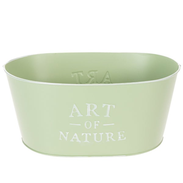 Ovaler Pflanztopf aus Metall in Hellgrün mit weißer Aufschrift Art of Nature.