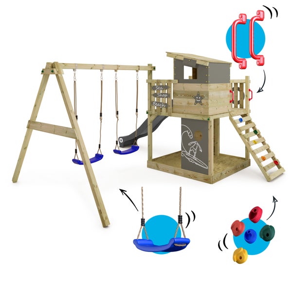 WICKEY Spielturm Klettergerüst Smart Camp mit Schaukel und Rutsche, Baumhaus mit Sandkasten, Kletterleiter und Spiel-Zubehör - anthrazit