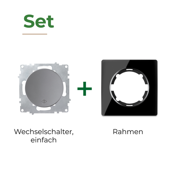 Set bestehend aus einem einfachen Wechselschalter und einem Abdeckrahmen für die Unterputzmontage