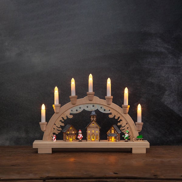 Schwibbogen mit sieben elektrischen Kerzen, Häusern und Figuren