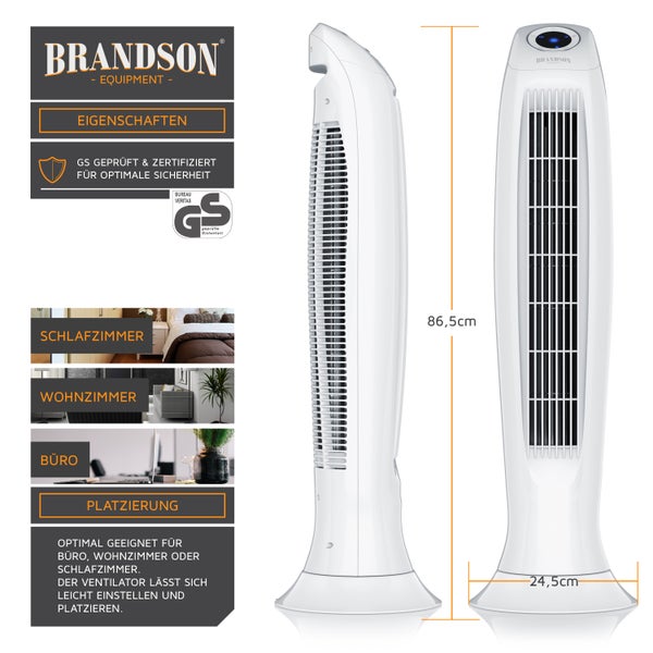 Brandson Turmventilator, Säulenventilator inkl. Fernbedienung, osziellierend, leise, Ventilator mit Timer & 3 Geschwindigkeiten, Weiß