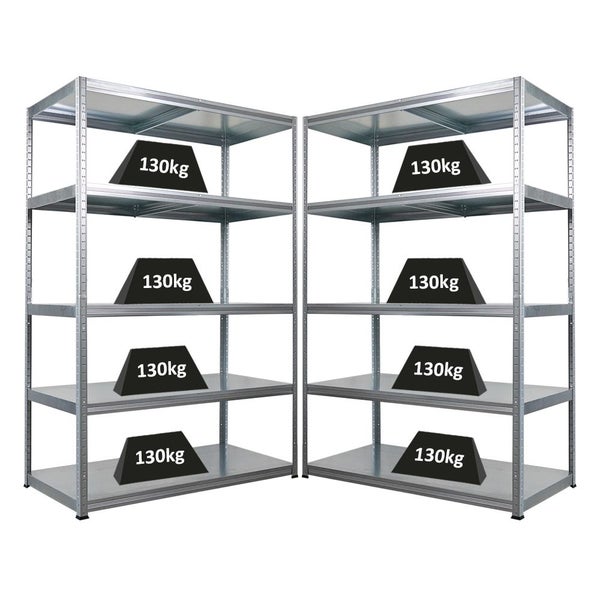 Zwei Metallregale mit je fünf Regalböden und Gewichten von 130 Kilogramm auf jedem Boden