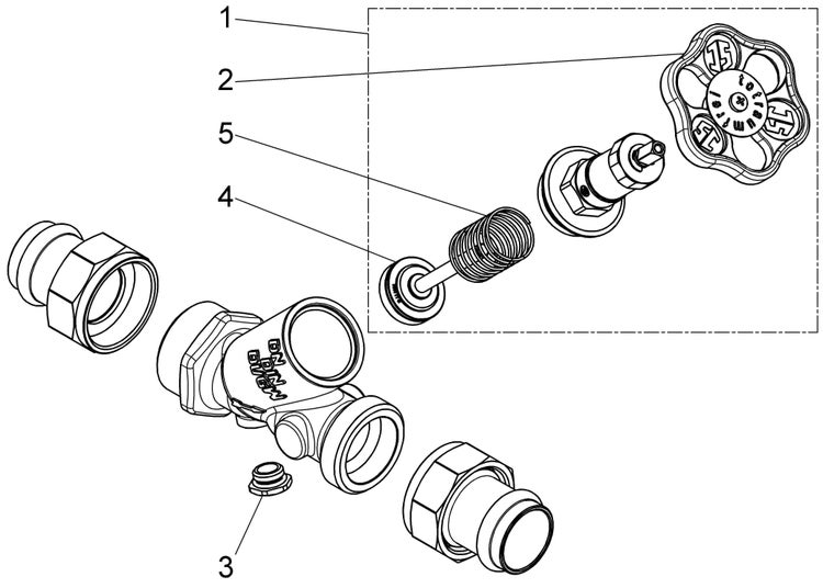 Explosionszeichnung eines Ventils mit nummerierten Einzelteilen wie Handrad, Feder, Dichtung und Ventilgehäuse.