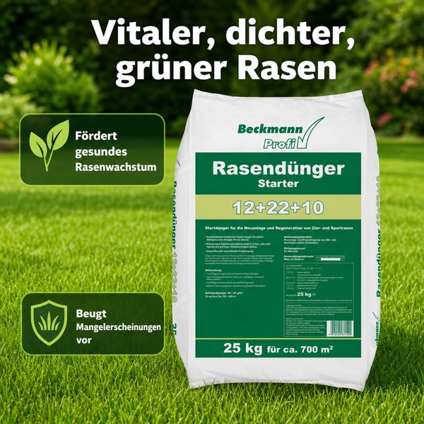 Beckmann Profi Rasendünger Starter 25 Kilogramm im Sack zur Rasenneuanlage und Regeneration für 700 Quadratmeter.