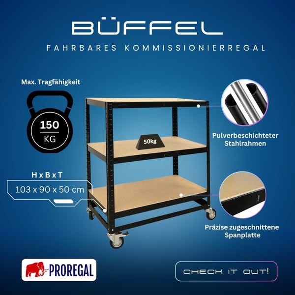Büffel Kommissionierregal, fahrbar, maximale Tragfähigkeit 150 Kilogramm, pulverbeschichteter Stahlrahmen, präzise zugeschnittene Spanplatte, Größe 103 x 90 x 50 Zentimeter