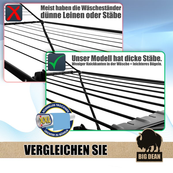 Vergleich von Wäscheständern mit dünnen und dicken Stäben für schnelleres Trocknen, gekennzeichnet mit Big Dean Logo.