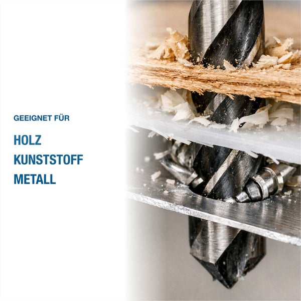 Ein Metallbohrer durchdringt Holz, Kunststoff und Metall. Text informiert über die Eignung für diese Materialien.
