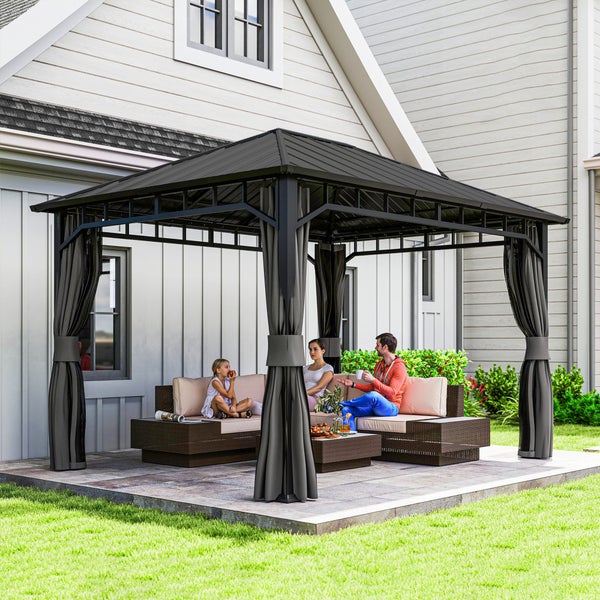 Outsunny Pavillon 4x3 m Wasserdicht Stabil Winterfest Gartenpavillon mit Seitenteile, Wasserrinnen, Moskitonetz, Haken Garten-Pavillon aus verzinktem Metall, Partyzelt für Garten, Terrasse, Dunkelgrau