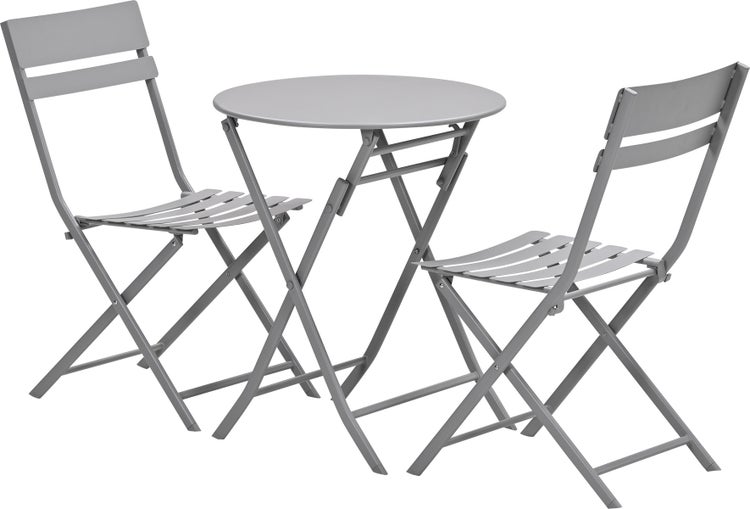 Dreiteiliges Garten-Bistro-Set aus Metall mit einem runden Klapptisch und zwei Klappstühlen.