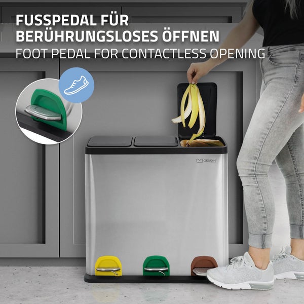 ML-Design Mülleimer Küche 3x 20L (60L), Silber, Mülltrennsystem 3 Fächer, Treteimer zur Mülltrennung, Abfalleimer aus Edelstahl mit Inneneimer aus Kunststoff & Klappdeckel, farblicher Kennzeichnung