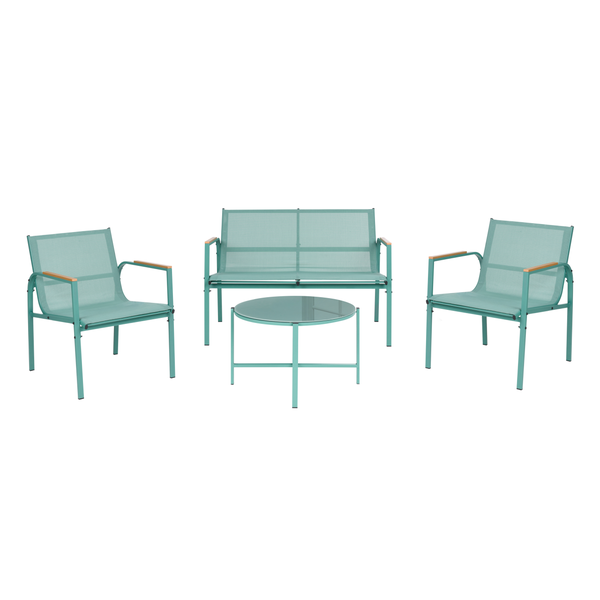 Türkises Garten-Lounge-Set, 4-teilig, mit Bank, zwei Sesseln und rundem Glastisch, Metallgestell mit Textilbespannung und Holz-Armlehnen.