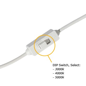 DIP-Schalter am Kabel zur Auswahl der Farbtemperaturen 3000 Kelvin, 4000 Kelvin und 5000 Kelvin.