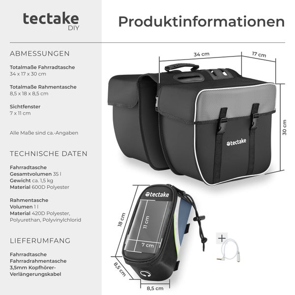 Produktinformationen zu Fahrradtasche und Rahmentasche mit Abmessungen und technischen Daten