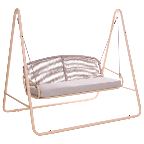 Moderne Zweisitzer Hollywoodschaukel mit beigem Metallgestell, Rückenlehne aus Seilgeflecht und Sitzkissen.