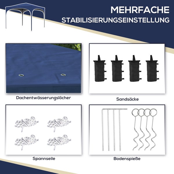 Outsunny Pavillon 2,95 x 2,95 cm Faltpavillon mit UV-Schutz, höhenverstellbares Pop Up Pavillon mit Tragetasche, Sandsack, Gartenzelt für Balkon, Terrasse, Oxford, Stahl, Blau