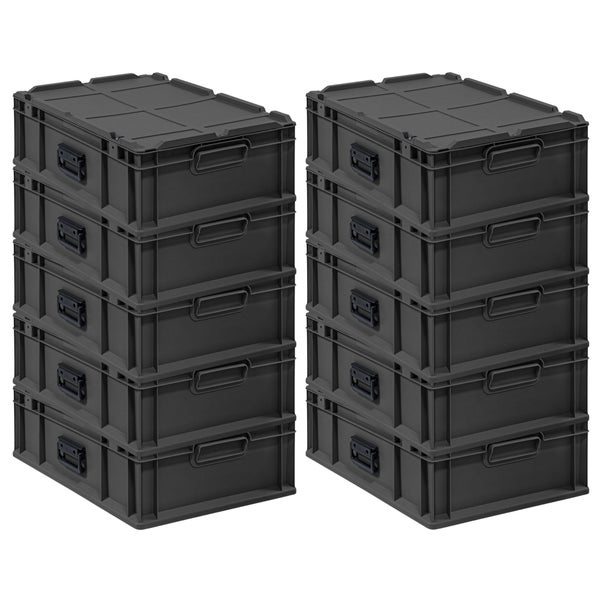 Zwei Stapel grauer Aufbewahrungsboxen mit Deckel
