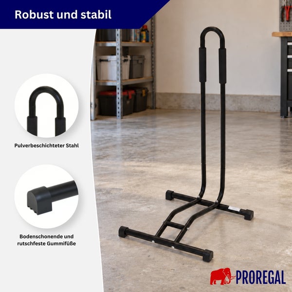 Fahrradständer aus pulverbeschichtetem Stahl mit rutschfesten Gummifüßen von Proregal.