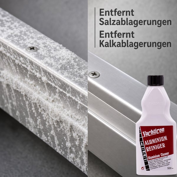 Yachticon Aluminium Reiniger entfernt Salz und Kalkablagerungen von Aluminium Oberflächen.