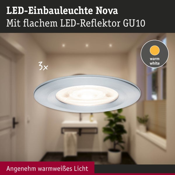 LED-Einbauleuchte Nova im 3er-Set mit flachem GU10-Reflektor für warmweißes Licht.