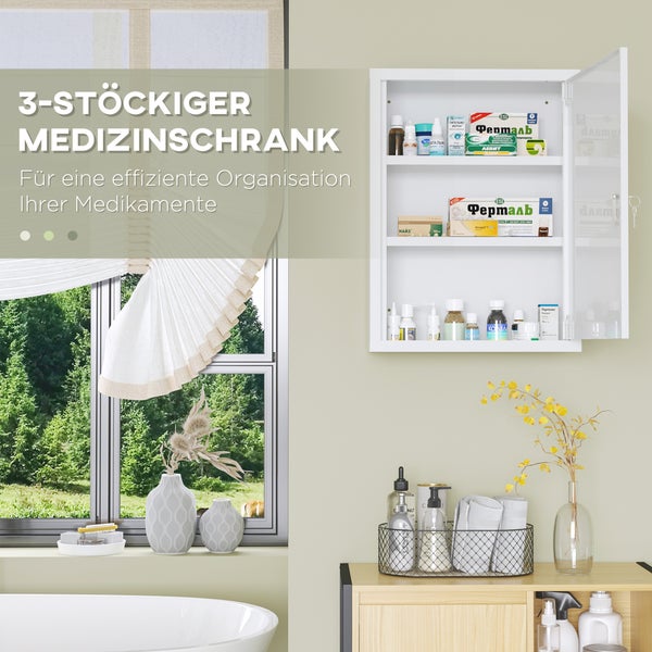 kleankin Medizinschrank, Apothekerschrank mit 3 Fächern, Medikamentenschrank, Abschließbarer Erste Hilfe Schrank mit 2 Schlüsseln, Stahl, Weiß, 40 x 15 x 53,5 cm