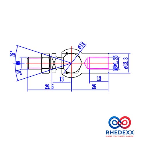 Technische Zeichnung eines Winkelgelenks M8 mit Maßangaben in Millimeter und Grad sowie RHEDEXX Logo.