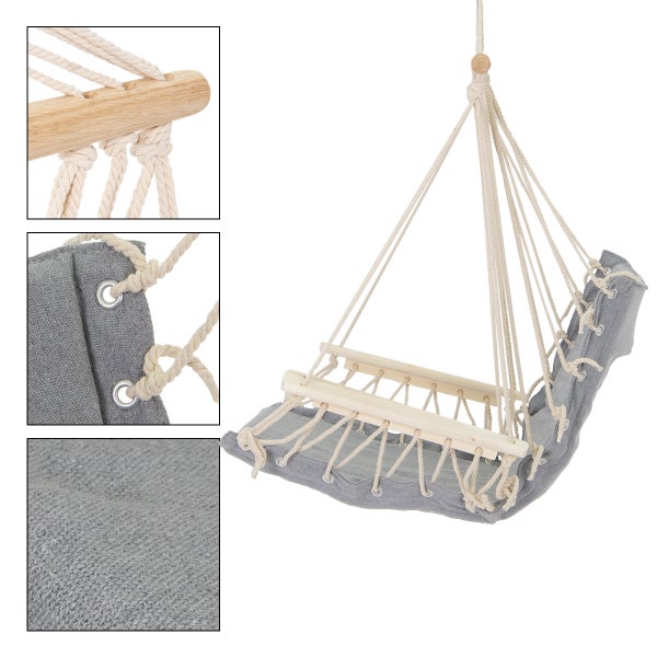 ECD Germany Design Hängesessel mit extrem gemütlichem 6cm dicken Sitzkissen aus Baumwolle und Armlehnen/Querstab aus Holz, belastbar bis 120kg, Grau, Gepolsterter Hängestuhl Hängematte Hängesitz