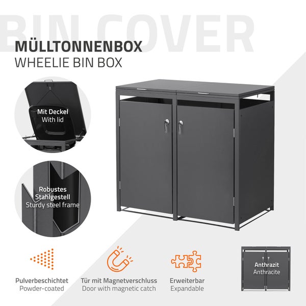 Mülltonnenbox für zwei Tonnen aus pulverbeschichtetem Stahl in Anthrazit mit Deckel, robustem Stahlgestell und Türen mit Magnetverschluss.