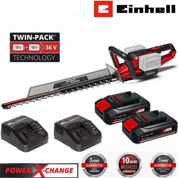 Einhell Akku Heckenschere mit Twin Pack Technologie inklusive zwei Akkus und zwei Ladegeraeten fuer Power X Change System.