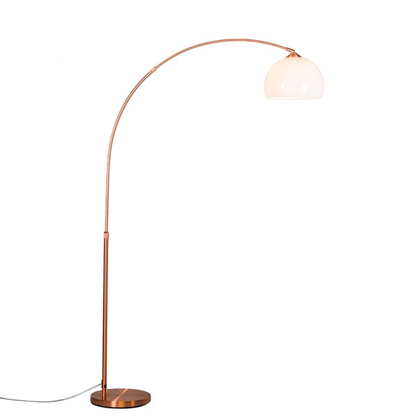 QAZQA - Moderne Bogenlampe Kupfer mit weißem Schirm - Arc Basic I Wohnzimmer - Stahl Rund I Länglich - LED geeignet E27