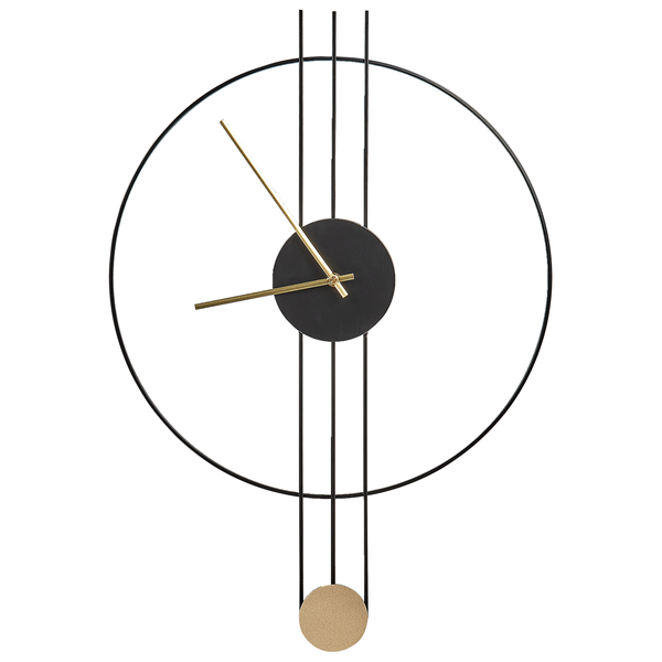 Moderne Wanduhr in minimalistischem Design mit einem großen schwarzen Metallring, drei vertikalen Stäben, goldenen Zeigern und Pendel.