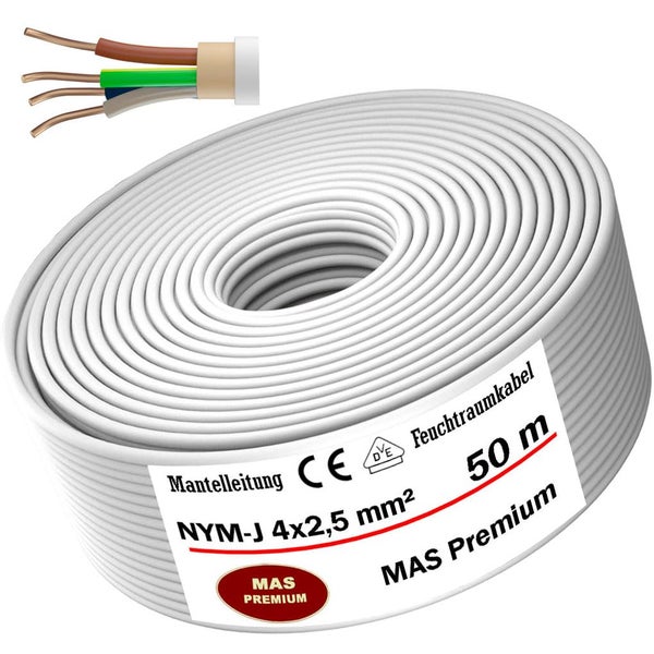 Weiße Mantelleitung NYM-J 4 mal 2,5 Quadratmillimeter, 50 Meter, Feuchtraumkabel, VDE-geprüft, MAS Premium.