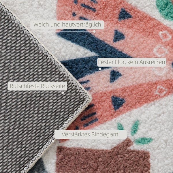 Detailansicht eines Teppichs mit weichem Flor, rutschfester Rückseite und verstärktem Rand.