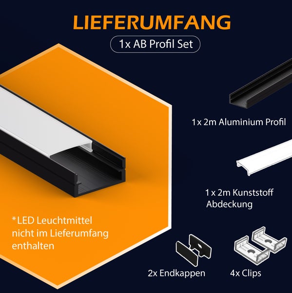 Lieferumfang AB Profil Set mit Aluminium Profil, Kunststoff Abdeckung, Endkappen und Clips für LED Streifen, ohne Leuchtmittel.