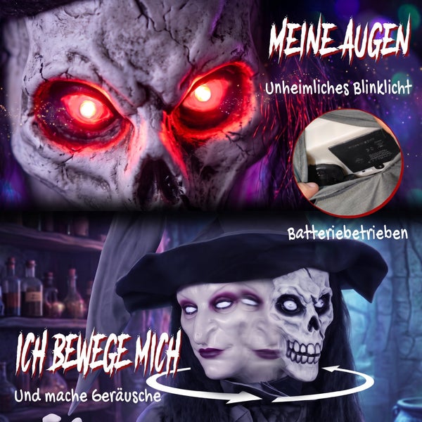 Animierte Halloween Hexe mit Totenkopfmaske, rot leuchtenden Augen und Soundeffekten, batteriebetrieben, für Innenräume zur Dekoration geeignet.