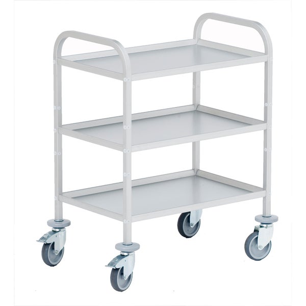 Silberner Servierwagen aus Edelstahl mit 3 Etagen und 4 Lenkrollen.