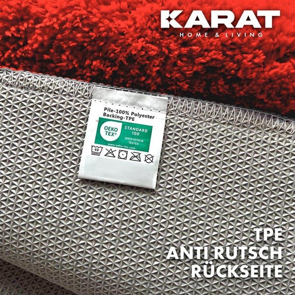 Roter Teppich mit Anti-Rutsch-Rückseite und OEKO-TEX Siegel