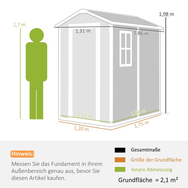 Maßzeichnung eines Gartenhauses mit Angaben zu Gesamtmaßen, Grundfläche und Innenmaßen inklusive Referenzperson.