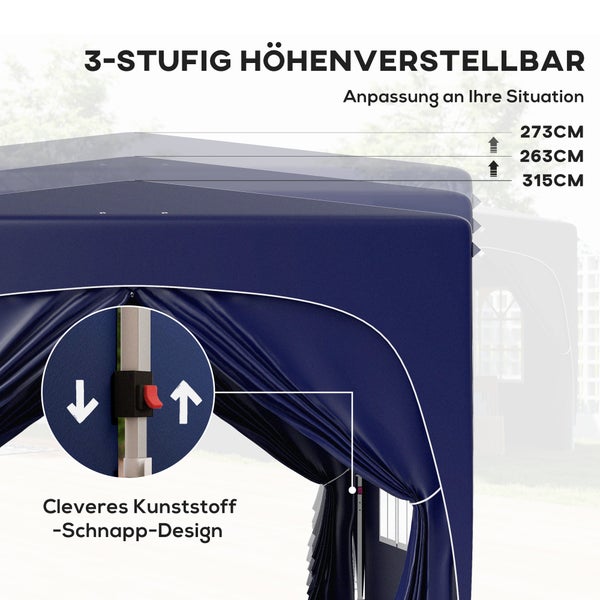 Outsunny Pavillon 3x3m, wasserabweisend Stabil Winterfest Pop-up Faltpavillon, UV Schutz 50+, Faltbar Partyzelt Gartenzelt mit 4 Seitenteilen Tasche Gartenpavillon für Camping Garten, Dunkelblau