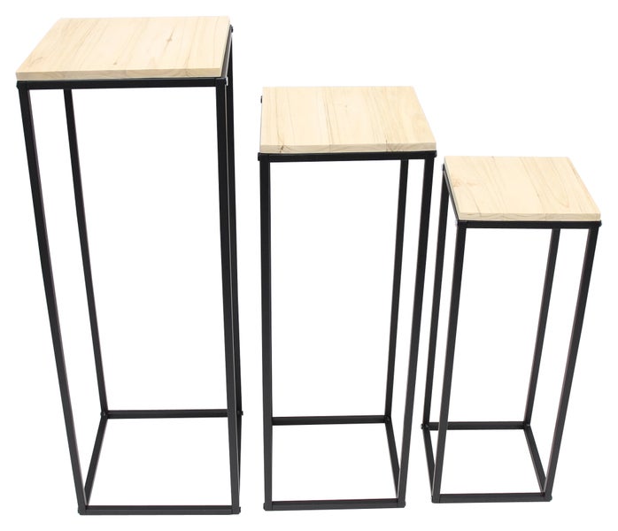 FRANK FLECHTWAREN | Beistelltisch Modern, 3er Set, METALL, HOLZ, 19 x 19 x 50 cm, 22 x 22 x 60 cm, 25 x 25 x 70 cm