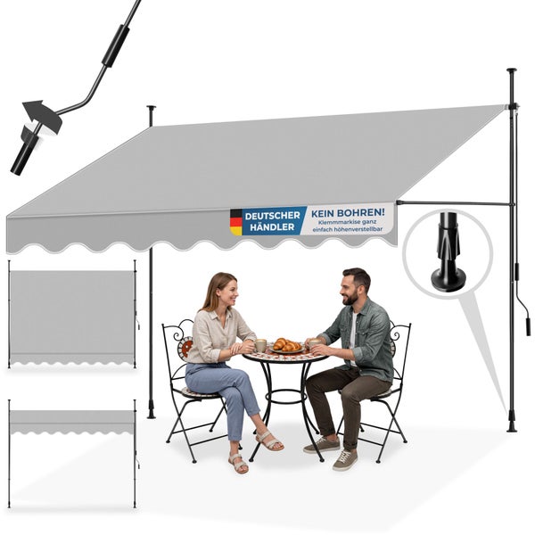 Höhenverstellbare graue Klemmmarkise für Balkon oder Terrasse ohne Bohren, inklusive Handkurbel und Bistro-Set mit zwei Personen in heller Atmosphäre.